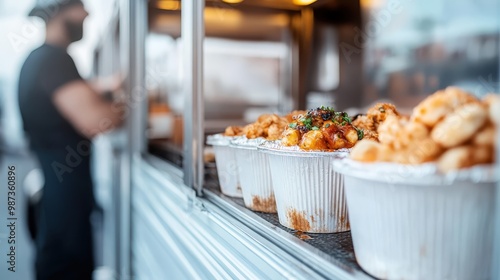 Assorted meals are displayed in aluminum containers at a food truck, ready to serve a variety of freshly prepared, delicious options to customers in an outdoor setting.