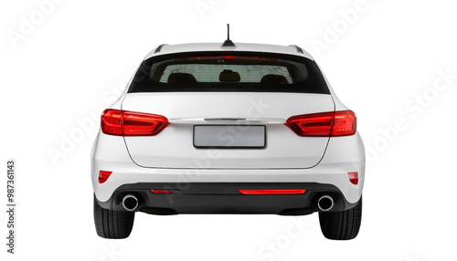 Rear view of a modern white car with a sleek design and visible taillights, perfect for automotive and transportation stock photos.