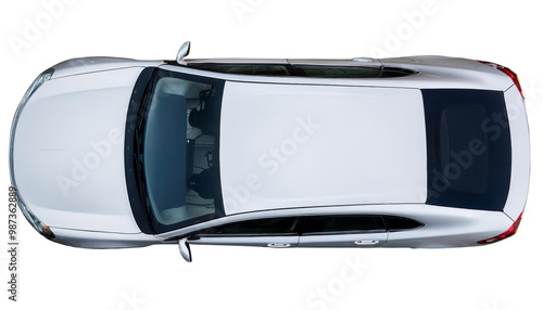 Top view of a sleek white sedan car on a plain background, showcasing the modern design and elegant lines of the vehicle.