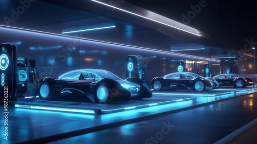 futuristic hydrogen fuel station with sleek design featuring holographic fuel gauges and a queue of nextgen hydrogenpowered vehicles