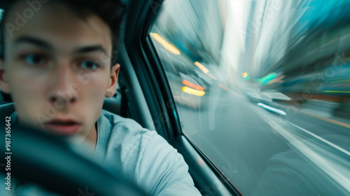 A teenager behind the wheel of a speeding car, depicting reckless driving and the dangers of street racing, with blurred scenery to emphasize speed and potential accidents.