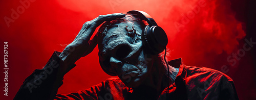 A dark and creepy Frankenstein's monster, wearing headphones, clutches his head in pain against a backdrop of red lighting.