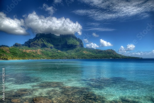 The French Polynesian island of Bora Bora is like a tropical paradise, with Mount Otemanu rising above a clear lagoon.