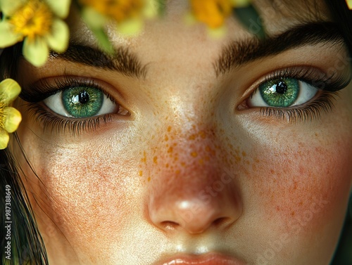 Close Up Portrait of a Woman with Green Eyes and Freckles