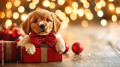 Adorable golden puppy with a red bow, surrounded by festive decorations and warm bokeh lights, perfect for holiday celebrations.