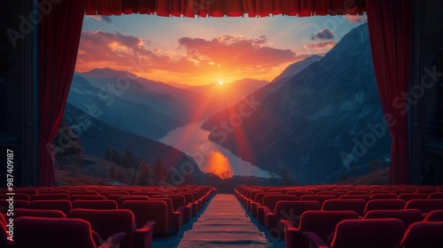 Theater with red curtains faces dramatic mountain sunset, evoking sense of wonder at seamless harmony between indoor comfort and outdoor magnificence