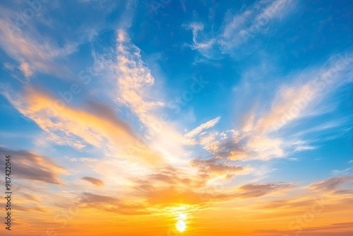 Real majestic sunrise sundown sky background with gentle colorful clouds without birds. Panoramic, generative ai