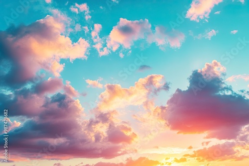 Real majestic sunrise sundown sky background with gentle colorful clouds without birds. Panoramic, generative ai