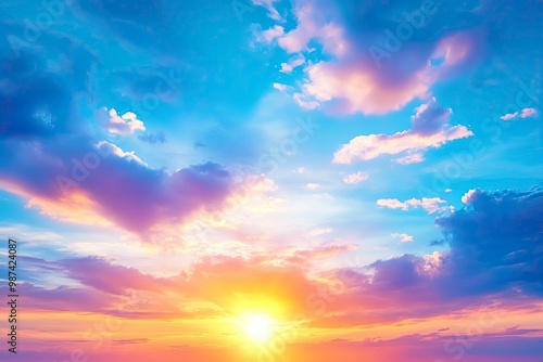 Real majestic sunrise sundown sky background with gentle colorful clouds without birds. Panoramic, generative ai