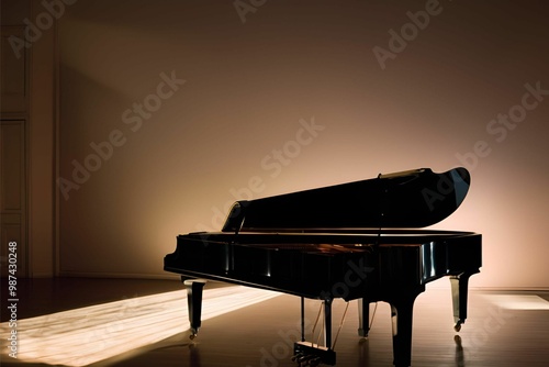 A dramatic image of a grand piano illuminated by a single spotlight in an otherwise dark room, Generative AI