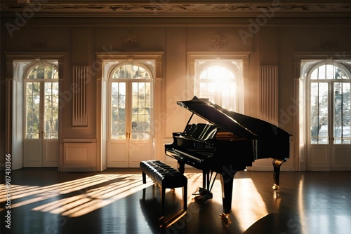 A dramatic image of a grand piano illuminated by a single spotlight in an otherwise dark room, Generative AI