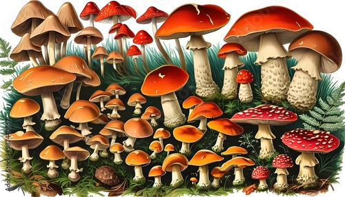 Vintage illustration of poisonous forest mushrooms and toadstools from 1914, featuring a diverse collection of Boletus and champignons in an autumn setting