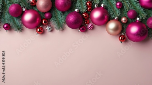 Christmas decoration border in pastel magenta background