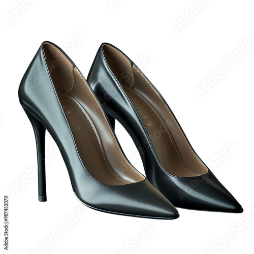 Elegant black leather high heels on a transparent background showcasing classic pointed toe stiletto design for fashion and style enthusiasts