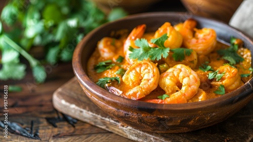 Delicious low syn goan prawn curry in a vibrant orange sauce, garnished with fresh cilantro