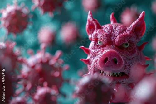 Pig virus head encapsulates crisis of contagious diseases. Angry pig's head representing virus danger stares menacingly. This image allegorically depicts anger and unpredictability of viral outbreaks.