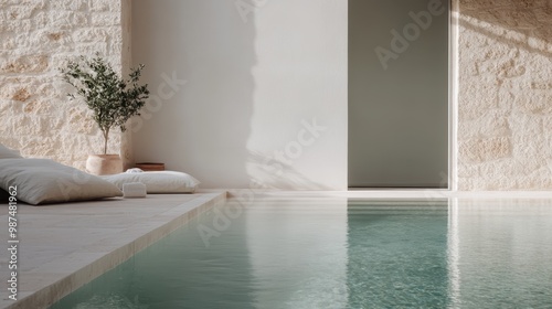 An indoor pool remarkably sunlit, encircled by stone walls, accentuated by plush cushions and greenery, exuding a fresh and peaceful ambience ideal for relaxation and retreat.