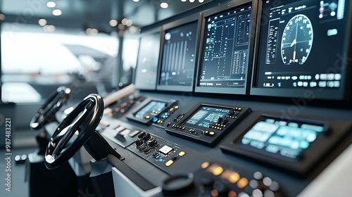 Modern Yacht Control Panel with Steering Wheels and Digital Displays