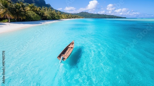 This serene image features a wooden frame boat floating on the pristine turquoise waters of a tropical beach, surrounded by lush trees and a clear blue sky on a sunny day.