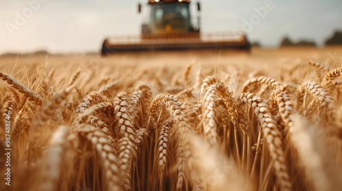 Impressive close-up shot of a combine harvester cutting through a lush golden wheat field, capturing the power and precision of modern agricultural machinery.