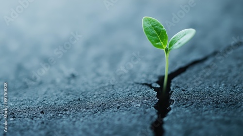 A small green plant emerges from a cracked asphalt surface, symbolizing resilience, hope, and the power of life to thrive even in harsh conditions.