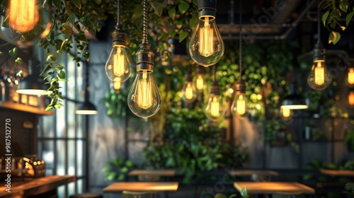 Light bulbs with glowing filaments hanging in an interior of a modern cafe on a green plants background