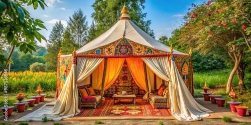 A revered shelter or mobile sanctum used in sacred rituals to honor the divine, evoke spiritual presence, and welcome the faithful to a realm of worship.