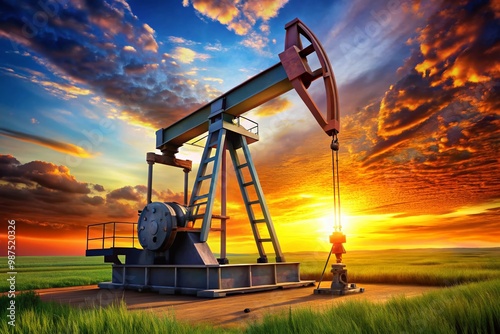 Clip Art Illustration of a Pump Jack in an Oil Field Setting for Energy and Industry Concepts