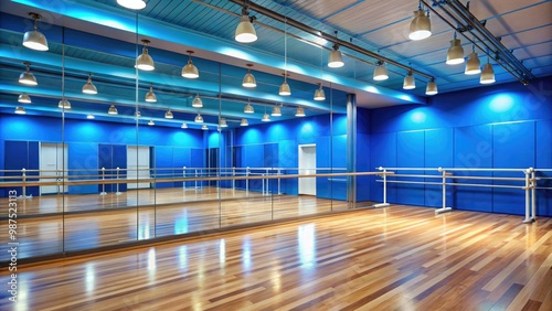 A vibrant blue dance studio boasts mirrored walls reflecting movement, wooden floors creaking beneath dancers' feet, and sturdy ballet barres supporting aspiring ballerinas.