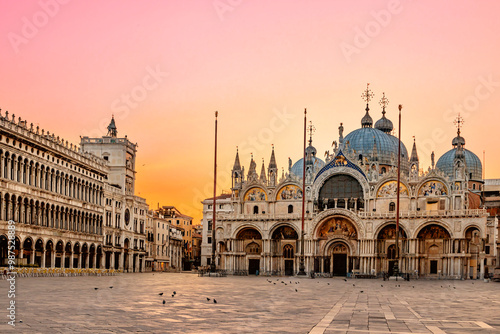 June 25, 2019. Venice, Italy. Sunrise in San Marco square with Campanile and San Marco's Basilica. The main square of the old town. Venice, Veneto Italy.