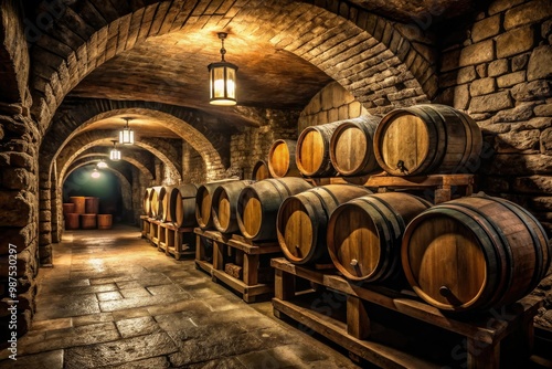 Damp, musty air clings to worn stone walls, illuminated by faint candlelight, where wooden barrels sit lidless, spilling shadows into dusty rows of forgotten wine bottles.