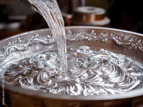 Water being poured into an ornate, silver basin, creating ripples in the decorative surface.