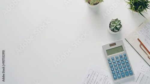 There is a calculator on the desk, and A4 paper, which shows the financial data, the desk is white, the overall background is white, and the desk is mostly empty.