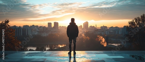 A solitary figure stands on a bridge gazing out at the sprawling cityscape below as the sky is set ablaze in a breathtaking sunrise or sunset This powerful image symbolizes a fresh start