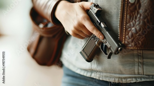 A woman removes a small handgun from her purse, emphasizing personal protection with copy space