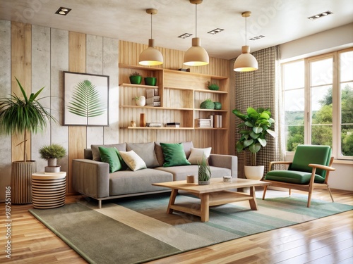 Sleek and modern living room features a minimalist décor with plywood furniture, adding warmth with a statement rug and accentuated walls in a soothing color palette.