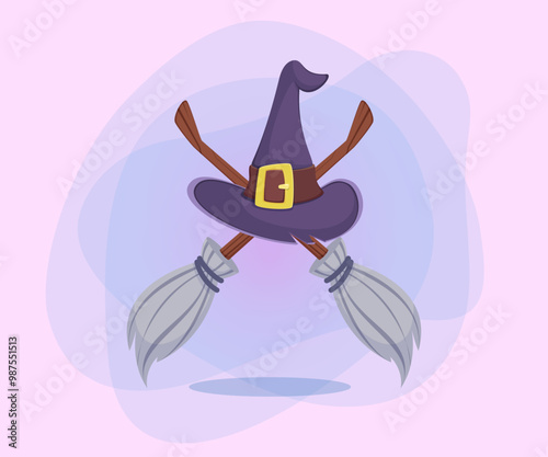 Witch hat and brooms on abstract background. Halloween banner design. Halloween celebration, holiday, party concept. Vector illustration for poster, postcard or invitation