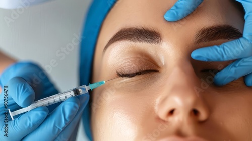 Close-up of a woman receiving an injection under her eye for beauty treatment.