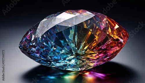 A stunning close-up of a faceted crystal gemstone reflecting an array of vibrant rainbow colors. The intricate facets and clarity of the gem create a captivating display of light and color, ideal for