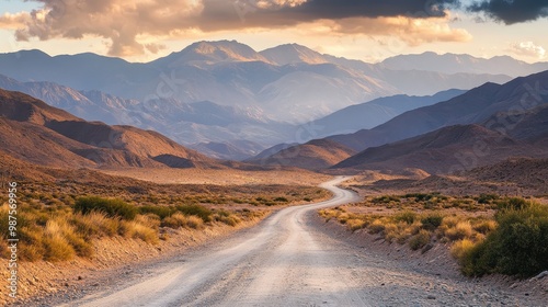 A winding dirt road leads through a vast desert landscape towards a distant mountain range, with a dramatic sunset casting long shadows