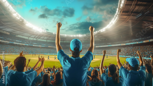 Fans celebrating victory in a cricket match. Crowd cheering and supporting a cricket team in a cricket stadium full of crowd