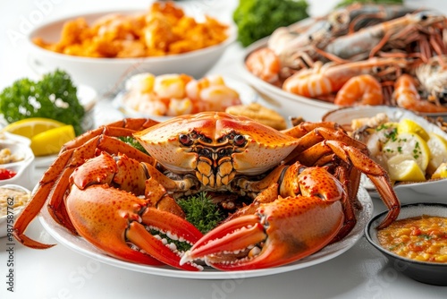 Lavish seafood feast with crabs, lobster, and shrimp arranged on a table, on solid white background, single object