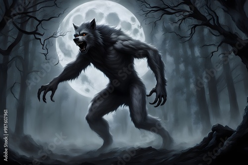 A werewolf transforming under a full moon surrounded by dark trees, AI Generated