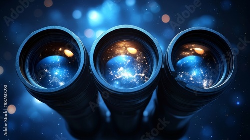 Captivating close-up of three telescope lenses, showcasing a starry universe reflecting through each lens.