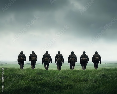 band of brothers poster, cloudy sky, soldiers are walking, open field, green tones