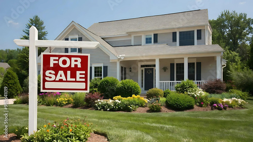 Charming two-story suburban house with a “For Sale” sign, featuring a well-maintained lawn and inviting exterior. Ideal for real estate listings and property market visuals