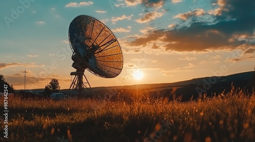 A satellite dish silhouetted against a vibrant sunset, set amidst grassy fields, creating a serene and picturesque rural landscape.