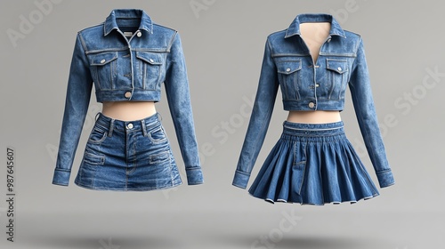 Stylish denim outfits featuring a cropped jacket with a mini skirt and an elegant skirt, perfect for summer fashion trends.