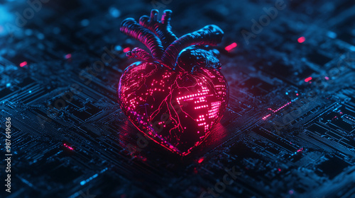 A biomechanical heart with pulsating microchips and vibrant circuit veins glowing in the dark. 