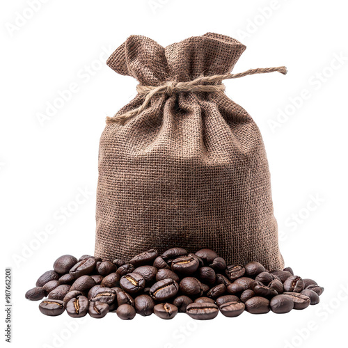 Coffee beans spilling from a burlap sack on a white background